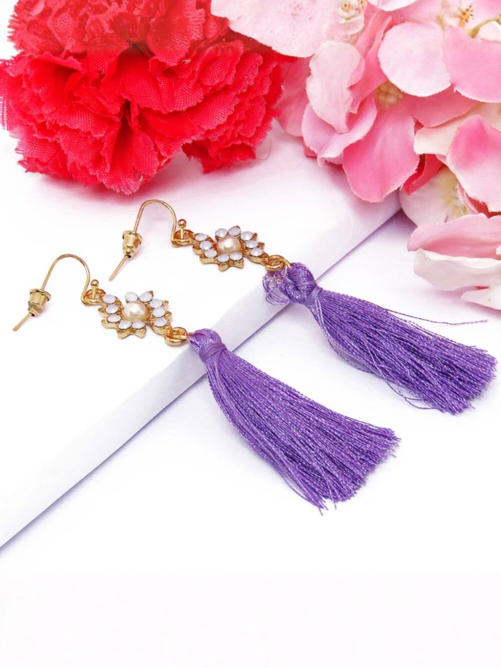 Elegant Floral Pearl Tassel Earrings for Women Gold Plated Purple Earrings